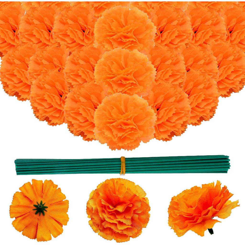 100 ชิ้นจํานวนมากผ้าไหมประดิษฐ์สีส้มดาวเรืองดอกไม้หัวก้านสําหรับวันตาย,ฮาโลวีน,Diwali Garland พวงหรี