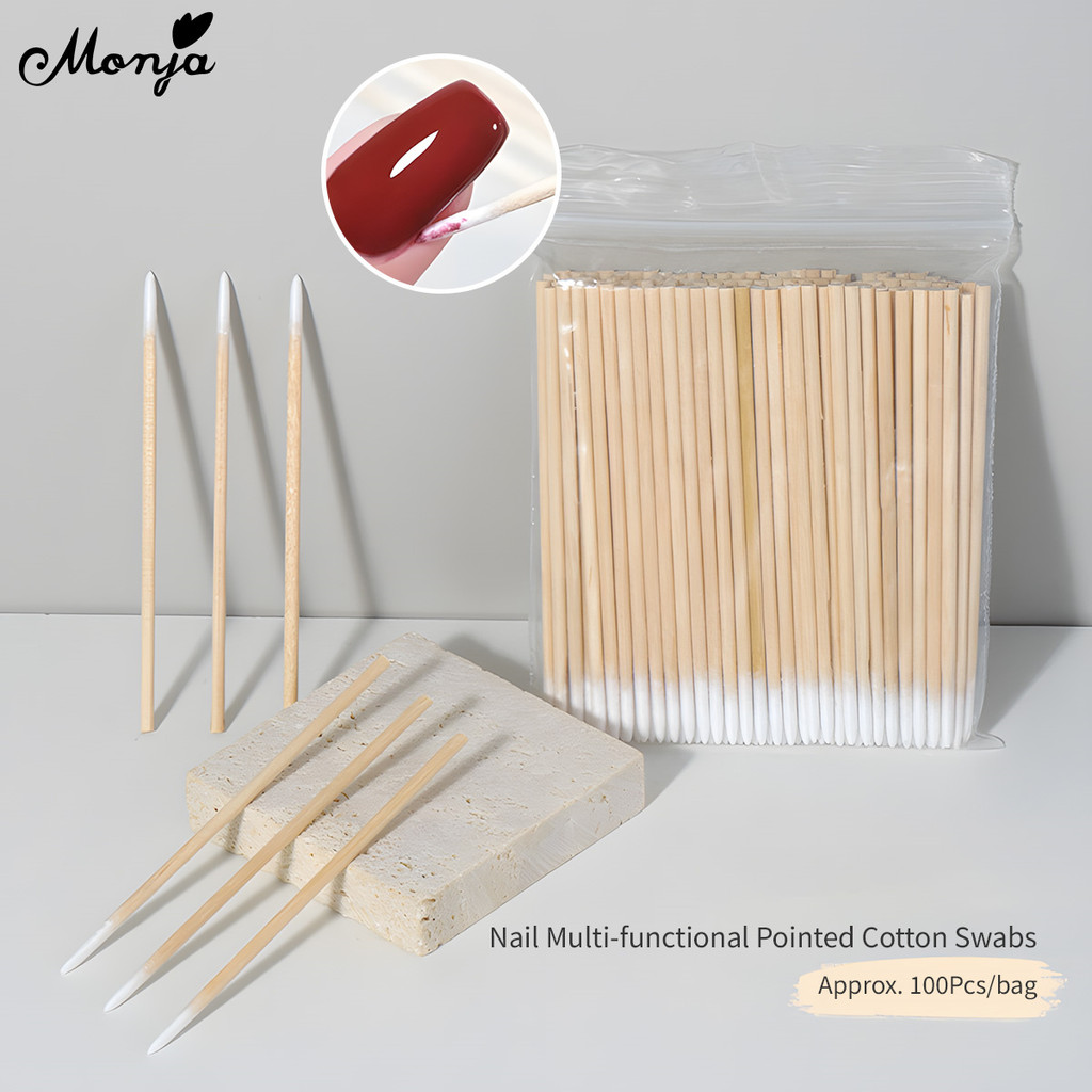 Monja 100 ชิ้นทิ้งไม้สําลีเล็บ Art Buds ลิปสติกหูขนาดเล็กมุม Swabs Eyelash ทําความสะอาดผ้าฝ้าย