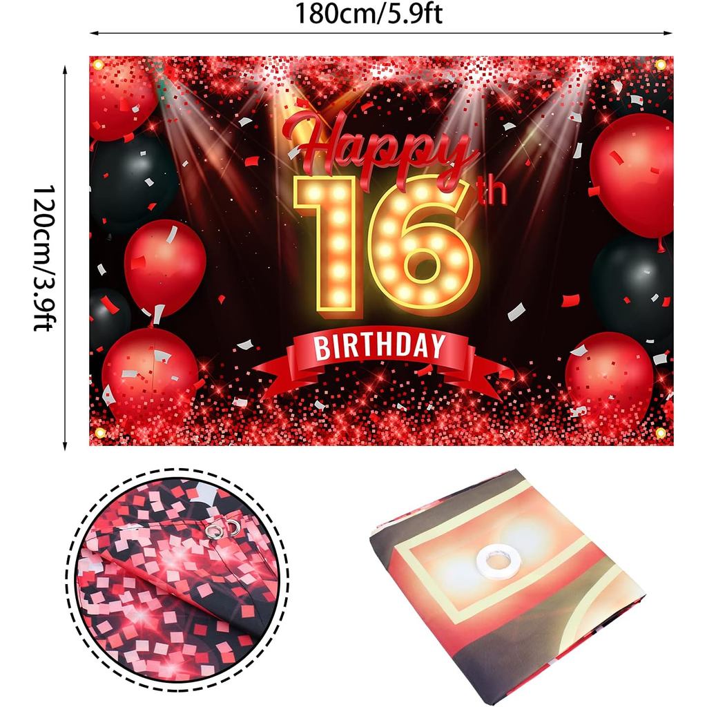 Happy 16th Birthday Banner Backdrop Red and Black 16 Years Old Background Bday Decorations for Girls