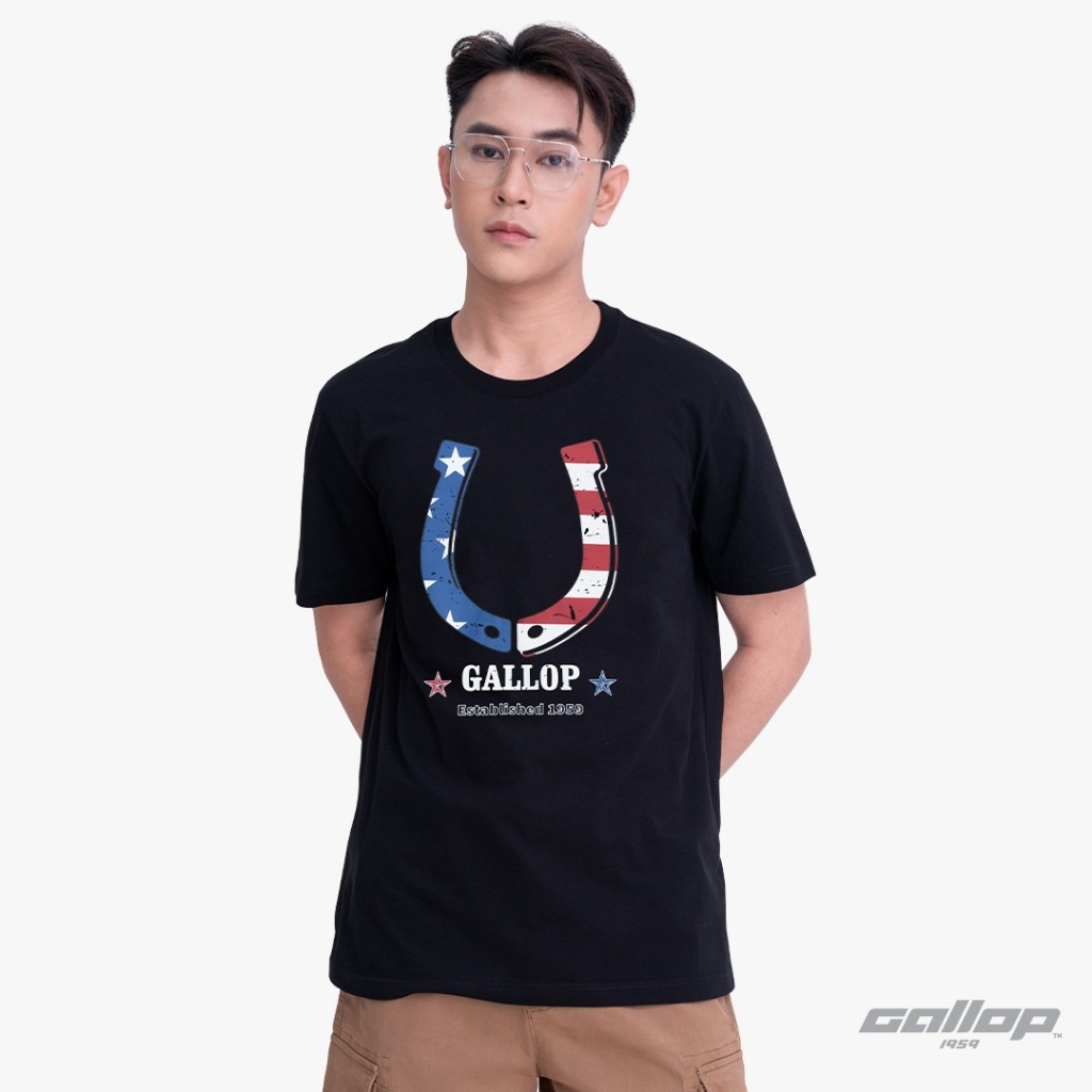GALLOP เสื้อยืดผ้าฝ้ายแท้สำหรับผู้ชาย พิมพ์ลายน่าสวมใส่สบาย