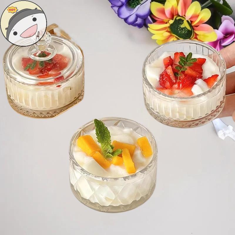 Lanf ถ้วยขนมหวานไอศกรีมแก้วหรูหรา 1 ชิ้นพร้อมฝาปิด - เหมาะสําหรับพุดดิ้ง, โยเกิร์ต, และ Gelato - เหม