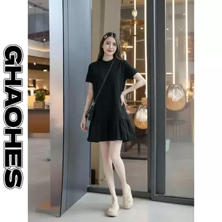 GHAOHES เดรสกระโปรงพองๆมินิ ดูผอมมีสไตล์ ประกบลำลอง การออกแบบทรงใบดอกบัว 4สี