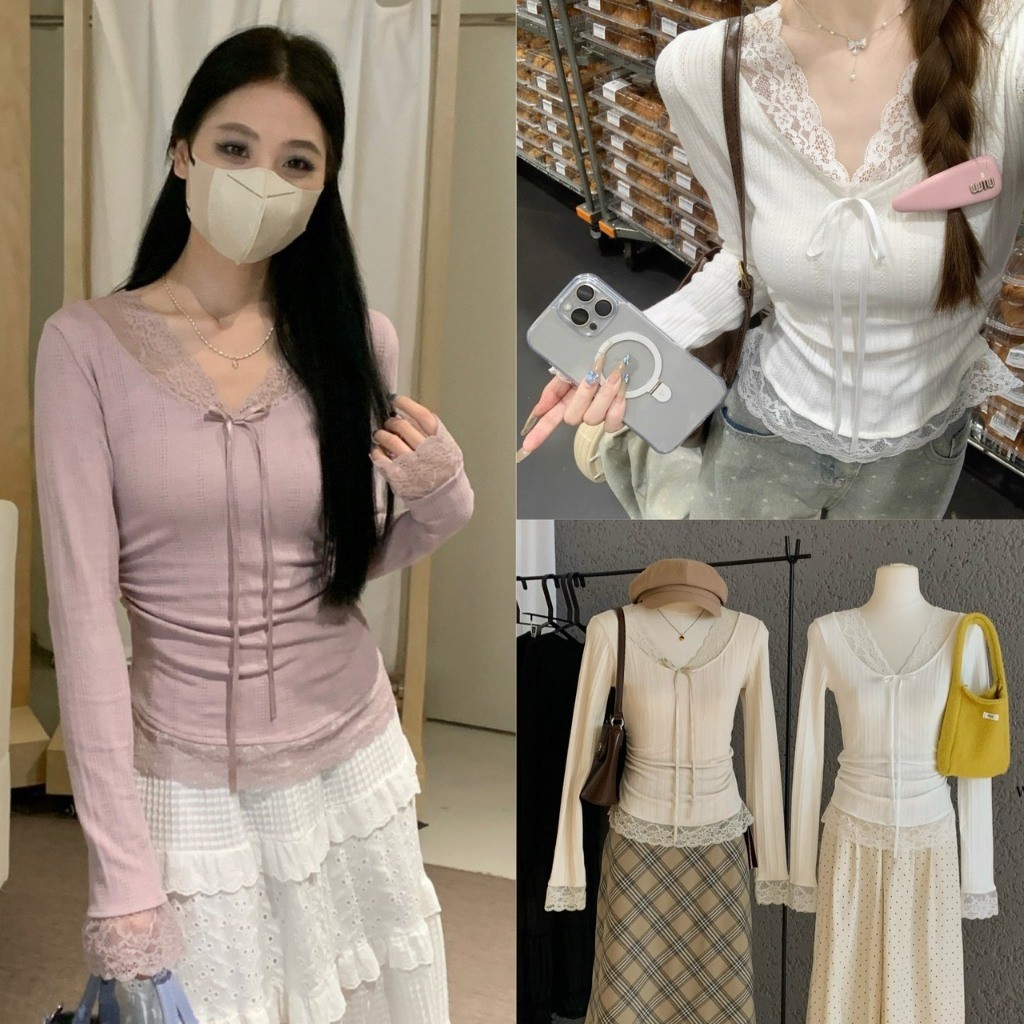 ❤ 🧵 🇰🇷 W7767 เสื้อคอกว้าง  แต่งผ้าลูกไม้ช่วงขอบ แต่งโบว์ช่วงอก สีแมทซ์ง่าย แฟชั่นเกาหลี TAG WG.WE 🧵🧡
