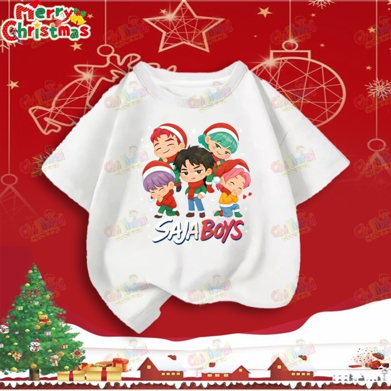 🔥เสื้อยืดคริสต์มาส🔥 เสื้อยืดเด็ก KPOP Huntrix Devil Hunter คริสต์มาส100%THAISHOPไซส์ 90-150CM