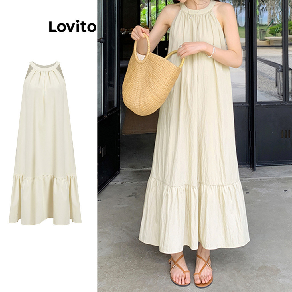 (Trendy) Lovito ชุดลําลอง นัวเนียธรรมดา มิ้ม ตัดชุดฤดูร้อน/ฤดูใบไม้ผลิสําหรับผู้หญิง L68ED142 (ขาว/ดํา)