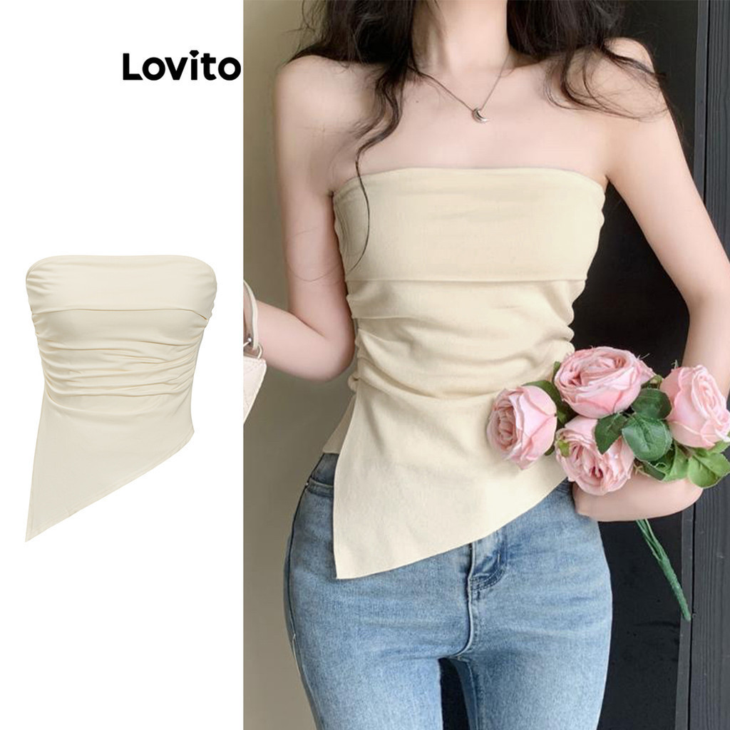 Lovito เสื้อเกาะอกผู้หญิง แต่งจีบย่น สีพื้น สไตล์หรูหรา L105MD427