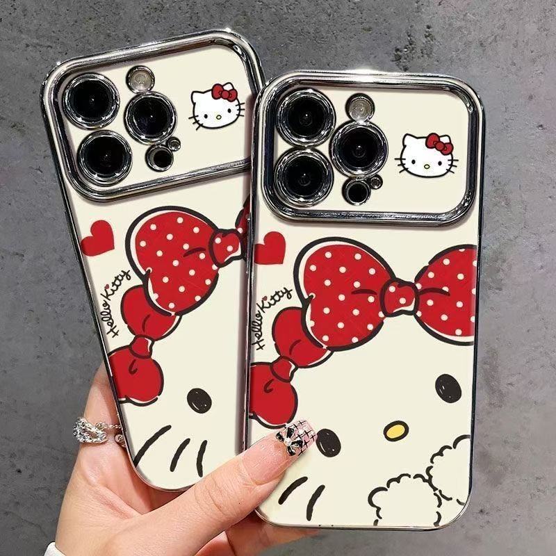 เคสโทรศัพท์ลายโบว์ Hello Kitty เข้ากันได้กับ iPhone 11/13/14/15 Pro/16/17 Pro/16ProMax, X/MAX/XR, 7/8 Plus (ZT6DSC0275)