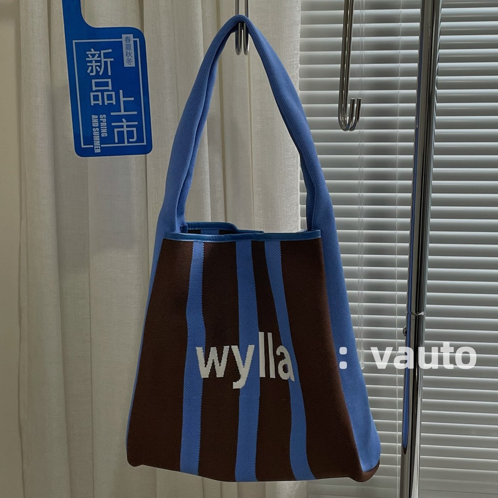 VAUTO กระเป๋า tote ลายกาแฟสีฟ้าแนวตั้ง ลายเส้นตัดสี พกพาสะดวกสำหรับคนชอบเดินทาง