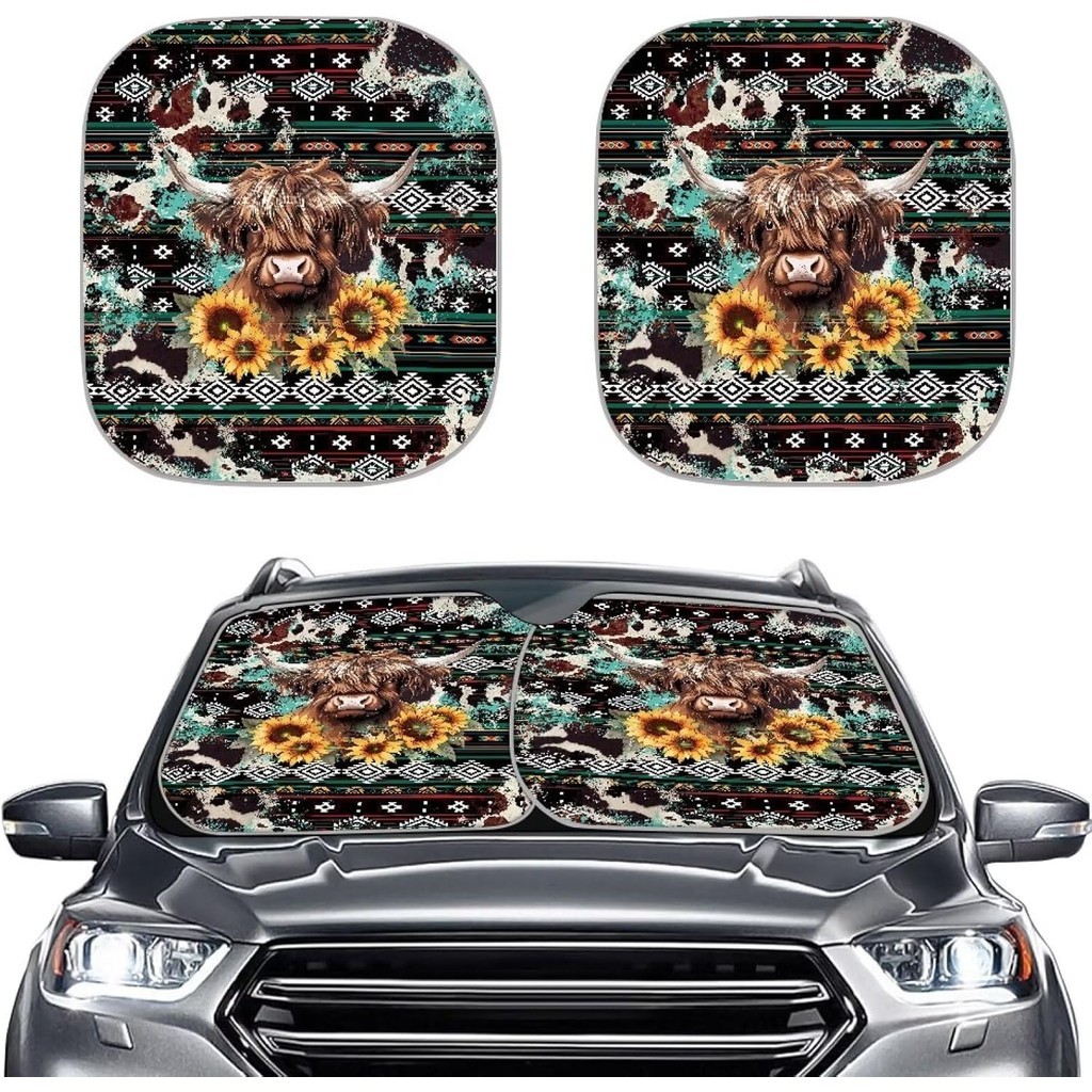 Aztec Highland วัวด้านหน้ากระจก Sun Shade สําหรับรถยนต์ Sun Visor พับด้านหน้ากระจกบังแดดบล็อก UV Ray