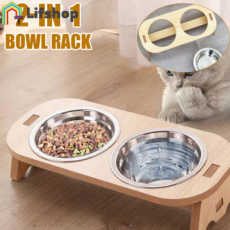 [HGB]ขาตั้งชามสัตว์เลี้ยงอ่างล้างหน้าคู่พร้อมความสูงป้องกันคอ | ชามสแตนเลสบนชั้นวางไม้ | การออกแบบปร