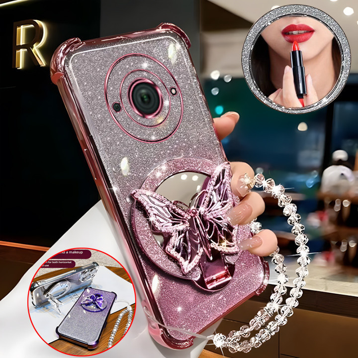 เคสโทรศัพท์ 3G สําหรับ Redmi A3 POCO C61, แป้งประกาย, เปลือกนิ่มสี่มุม, ป้องกันการตก, กระจกแต่งหน้าผีเสื้อ