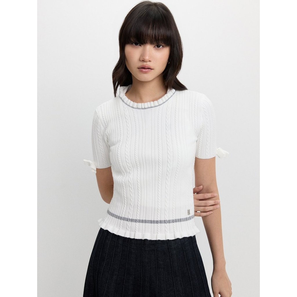 [Pomelo] เสื้อถักลายนูนดีเทลขอบหยัก / Lettuce Hem Ribbed Knit Top