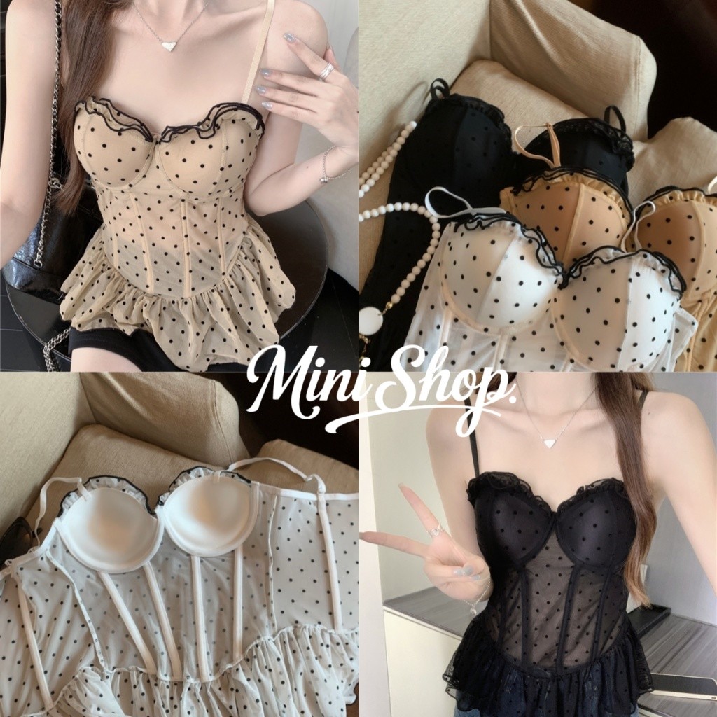 Mini shop พร้อมส่ง (FY1953) เสื้อสายเดี่ยว เสริมฟองน้ำ ดีเทลแต่งลายจุดน่ารัก เสื้อครอปคล้องคอ แฟชั่นเซ็กซี่