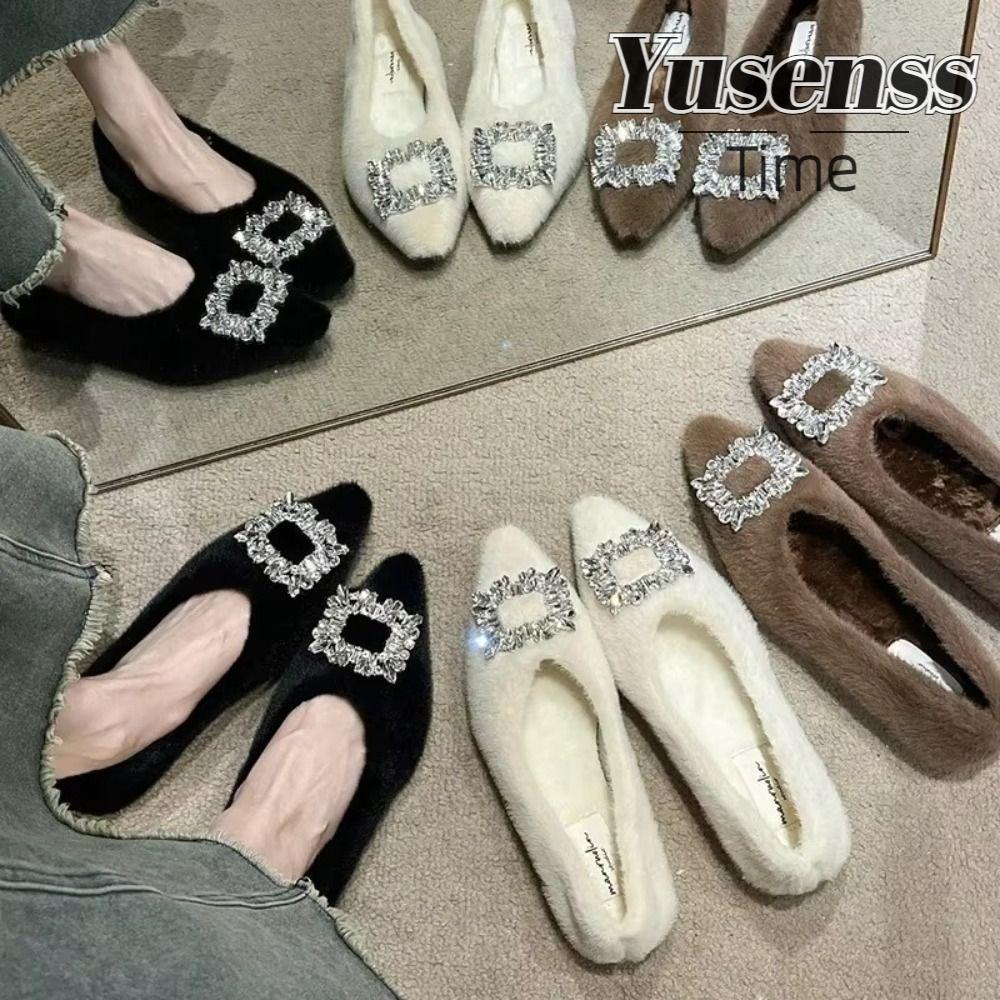 YUSEN Flats Shoes, Plush Luxury Pointed Shoes, Warm Crystal Non Slip Boat Shoes