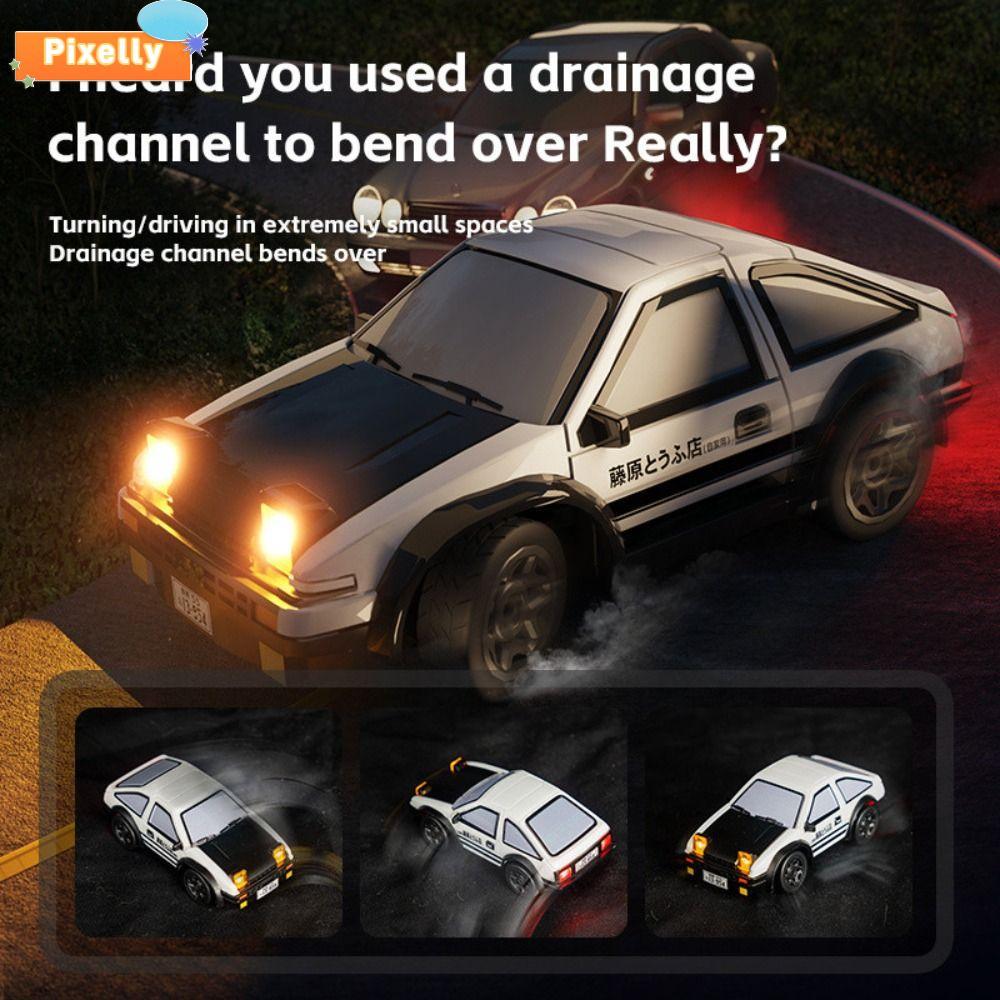 PIXELLY RC Drift Car, 1/64 MINI AE86 Racing Sports RC Stunt Car, สีดําและสีขาวไฟฟ้าพลาสติกรีโมทคอนโท