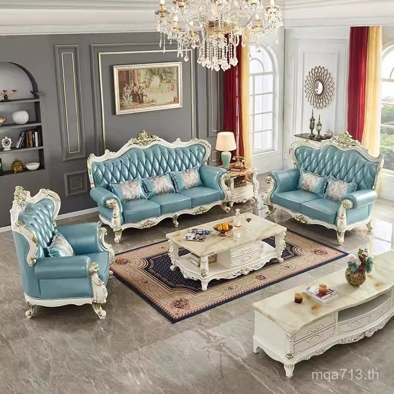 โซฟา ขนาดใหญ่อพาร์ทเมนท์เฟอร์นิเจอร์ ฝอซาน สไตล์ยุโรปแกะสลักไม้เนื้อแข็งทั้งหมดวิลล่าชุดหนังแท้รวมกั