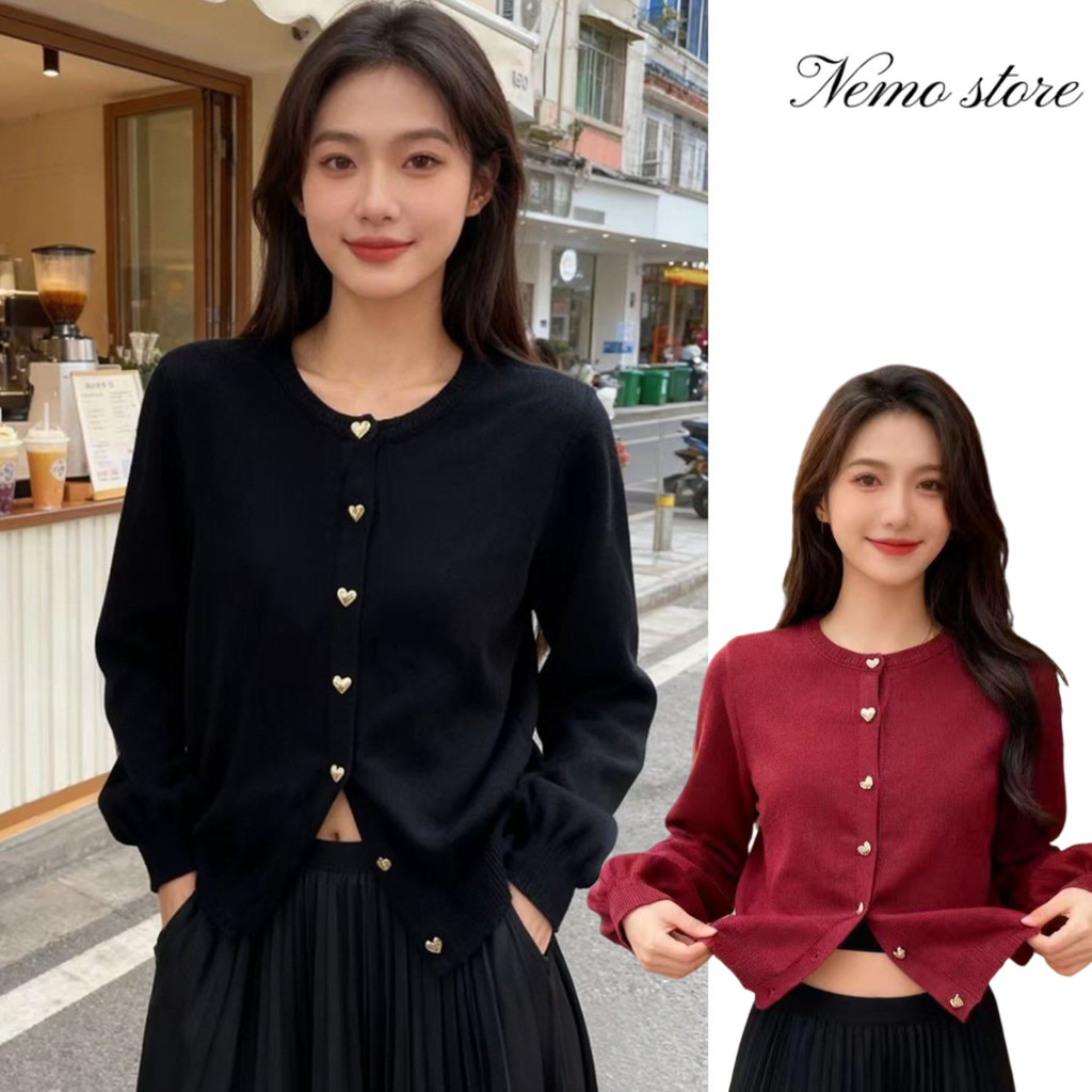 Nemo store #10188 เสื้อกันหนาวไหมพรม คนกลมแขนยาว ดีเทลกระดุมหัว สไตล์เกาหลี