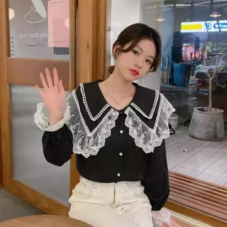 Red Berryเสื้อเชิ้ตแขนยาวลำลองฤดูใบไม้ร่วง ทรงหลวม สไตล์นักเรียน พร้อมผ้าคลุมขอบลูกไม้W685