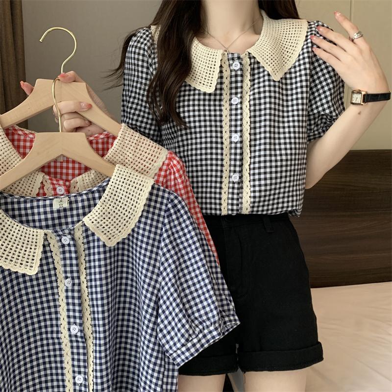 mimi&didi#เสื้อเชิ้ตคอปกเด็กสีดำลายสก็อตหลวมแขนสั้นเสื้อแฟชั่นสไตล์เกาหลี หวานและน่ารัก สีแดง สำหรับผู้หญิง#w678