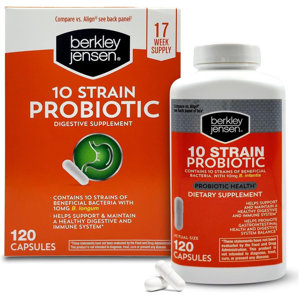 Berkley Jensen Natural 10 สายพันธุ์แคปซูลอาหารเสริมโปรไบโอติกพร้อม B 10 มก. Longum โหลดด้วยสายสด & G