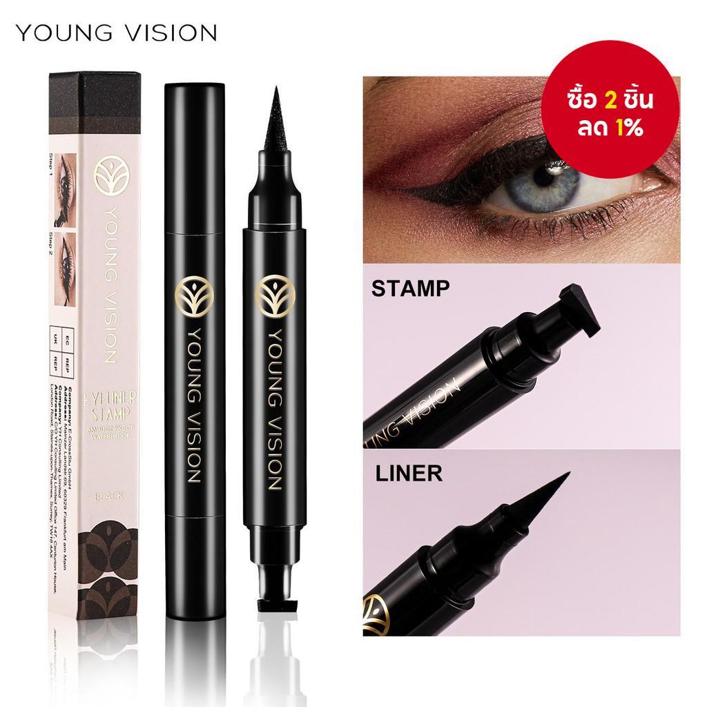 YOUNG VISION อายไลเนอร์สีดํา หัวคู่ ดีไซน์แสตมป์ ติดทนนาน กันเปื้อน ปากกาสามเหลี่ยม