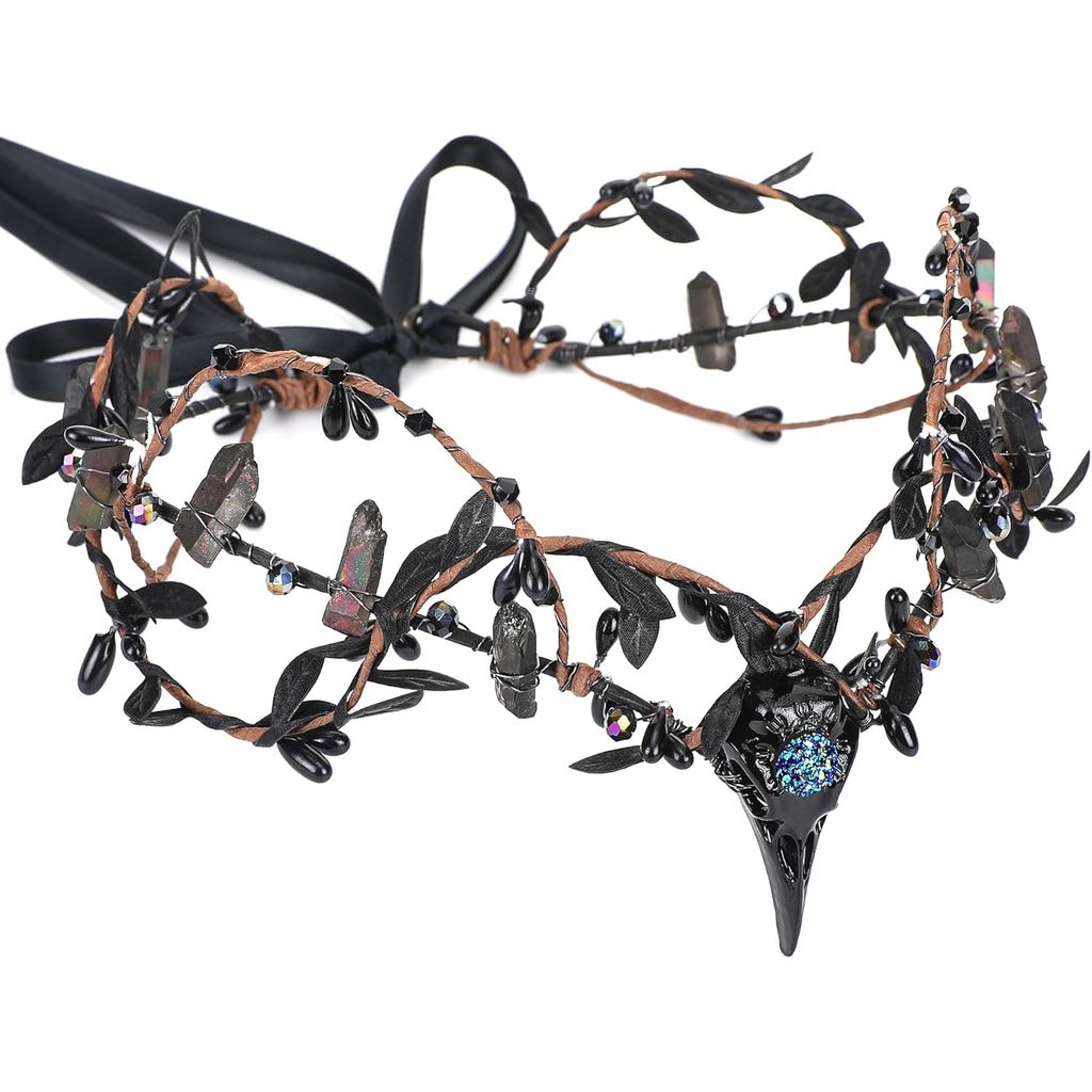 MOSTORY Raw Quartz Witch Crown - Gothic Elf Cirlet Crystal Raven Headband for Renaissance Halloween 