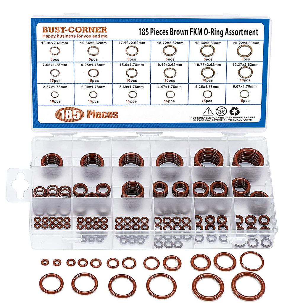BUSY-CORNER 185 Pieces FKM Brown O-Ring Kit,75A Durometer,18 Kind AS-568 Standard Sizes,ID 2.57mm-20
