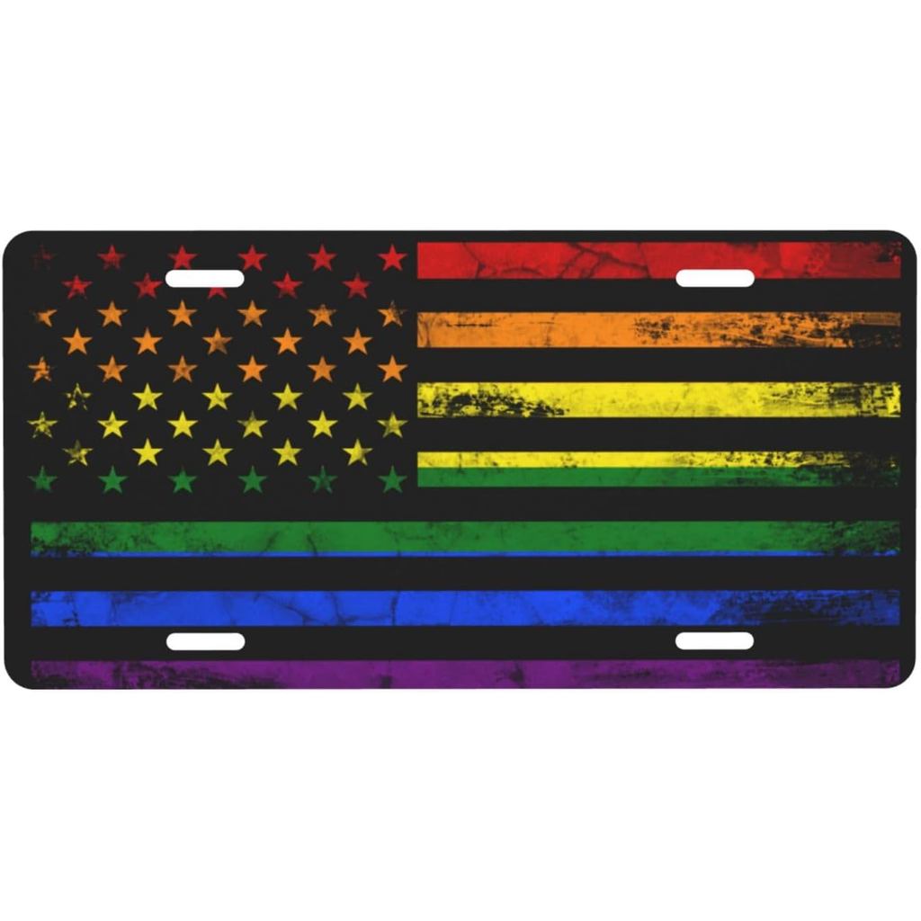 LGBT Gay Pride Rainbow Flag American Flag ส่วนบุคคลด้านหน้าป้ายทะเบียนอลูมิเนียมเหมาะสําหรับเล่นกลาง