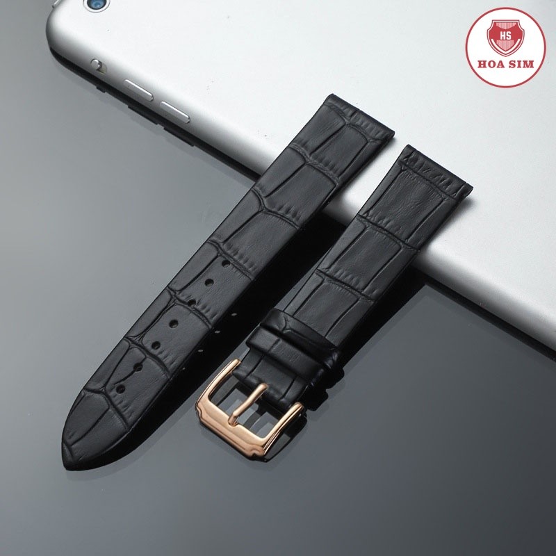 {GOOD IMPORTED LEATHER} สายนาฬิกาหนังวัว 2 ชั้น แบบบาง ลายจระเข้ BO-55 หลายขนาด 12 14 16 18 20 22mm (สีดํา)