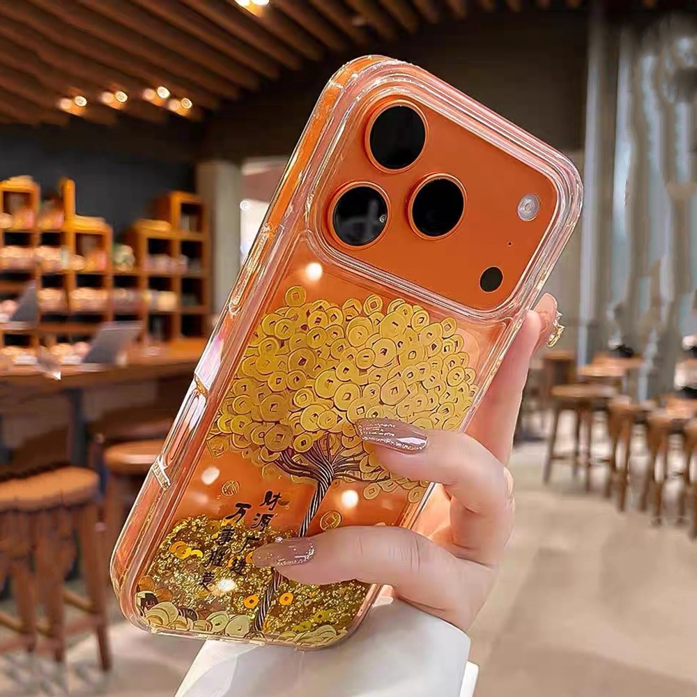 Goldenfoil Money Tree Goldfish Drift ทรายอะคริลิคเคสโทรศัพท์สําหรับ iPhone 17 Pro Max 16 15 14 13 12 กันกระแทกป้องกันปลอก