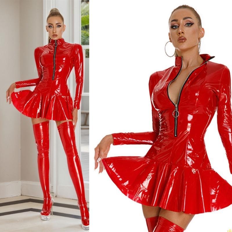 Yili Shines Leather Dress Glossy Pleated Latex Dress Club Party Mini Dresses