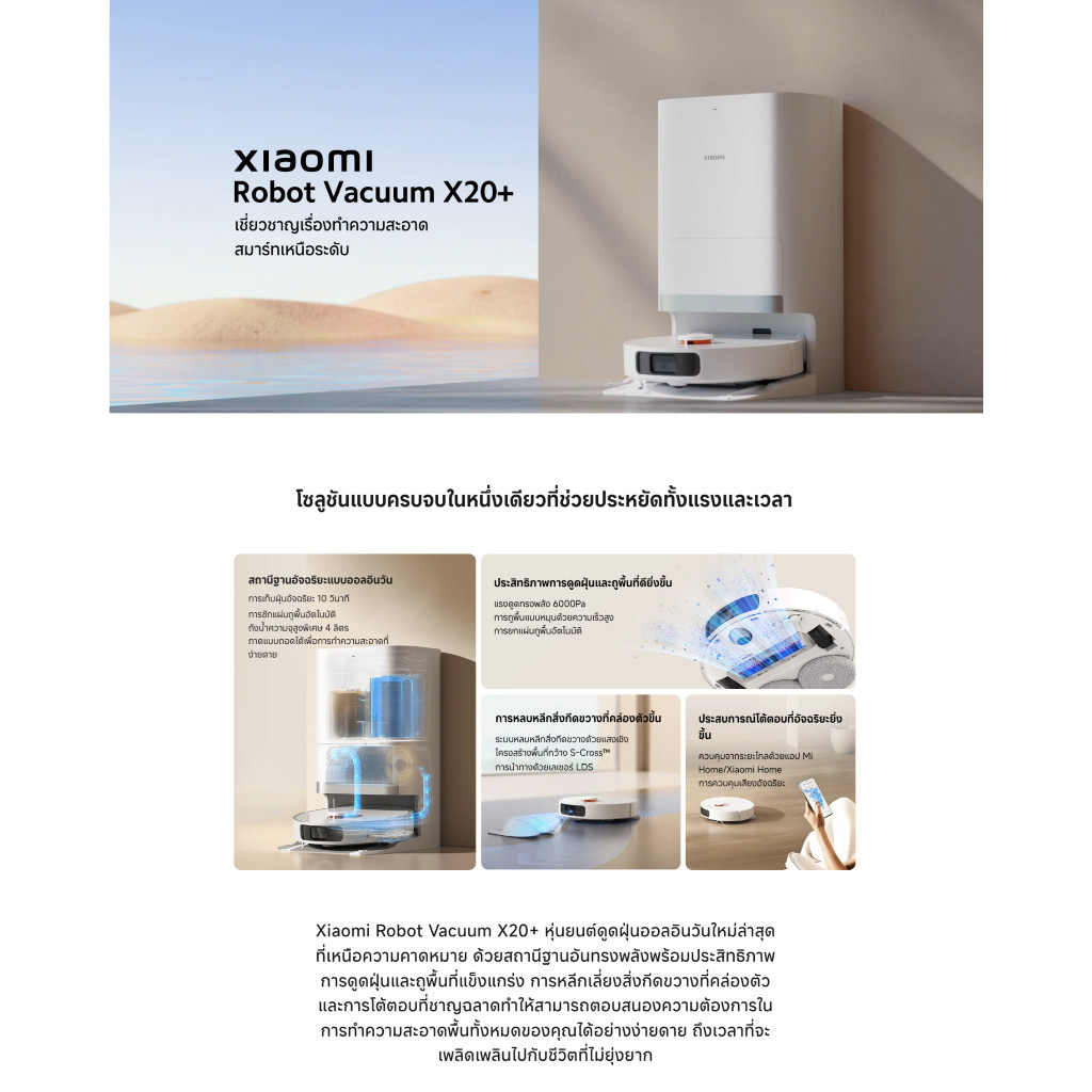 Xiaomi Robot Vacuum X20+/ 5 Pro/ H40 หุ่นยนต์ดูดฝุ่น I อัจฉริยะแบบออลอินวัน I ระบบทำความสะอาดผ้าม็อบเอง I ถังน้ำสะอาด 4L - รูปที่ 2
