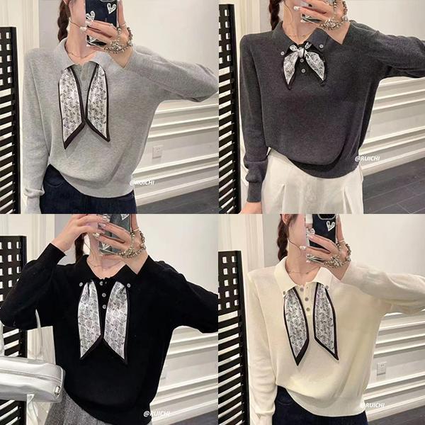 mimi&didi#เสื้อสเวตเตอร์ถักแขนยาวสไตล์เกาหลีสำหรับผู้หญิง จับคู่กับผ้าพันคอ เสื้อเชิ้ตเรียบง่าย ลำลอง อเนกประสงค์#88048