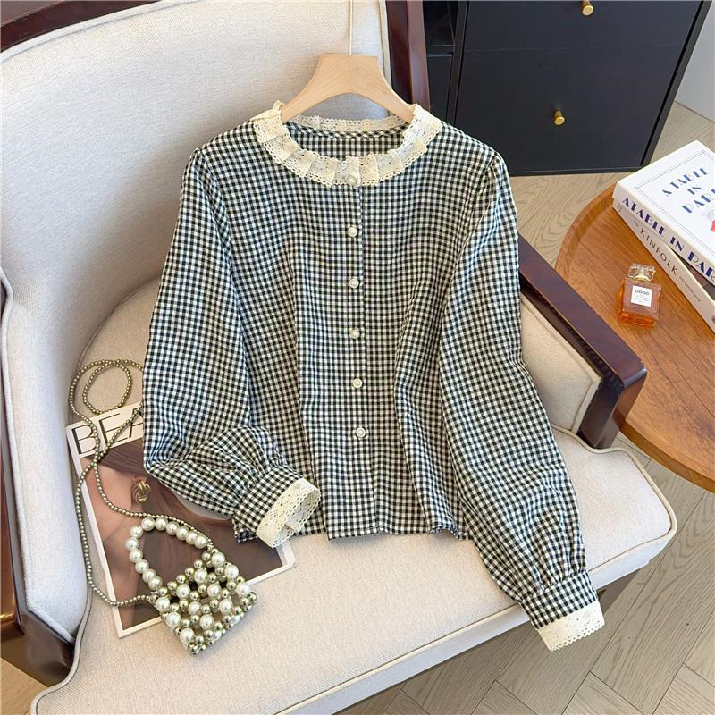 mimi&didi#เสื้อเชิ้ตลายสก็อตสไตล์เรโทรฝรั่งเศสสีดำ คอกลม ลูกไม้ระดับไฮเอนด์ สำหรับผู้หญิง แขนยาว#99217