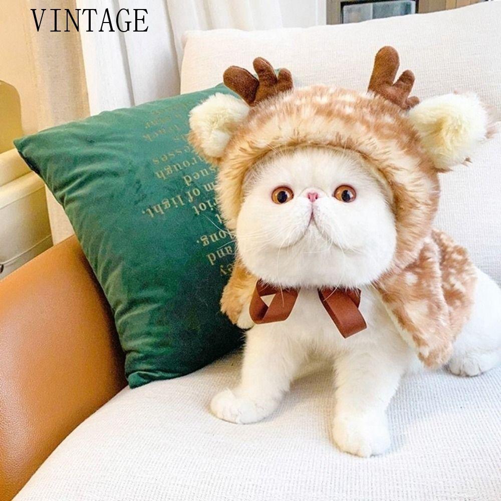 VINTAGE Cat Elk Cloak, ตกแต่ง Plush Elk สุนัขผ้าคลุมไหล่, สัตว์เลี้ยงคอสเพลย์เสื้อผ้านุ่มกับ Antlers