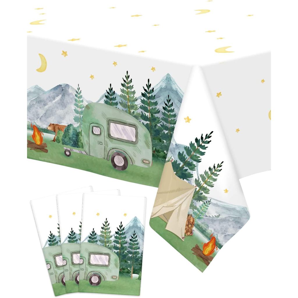 Nefelibata 3 pcs Camping Birthday Decorations Table Cover Waterproof Tablecloths One Happy Camper Pa