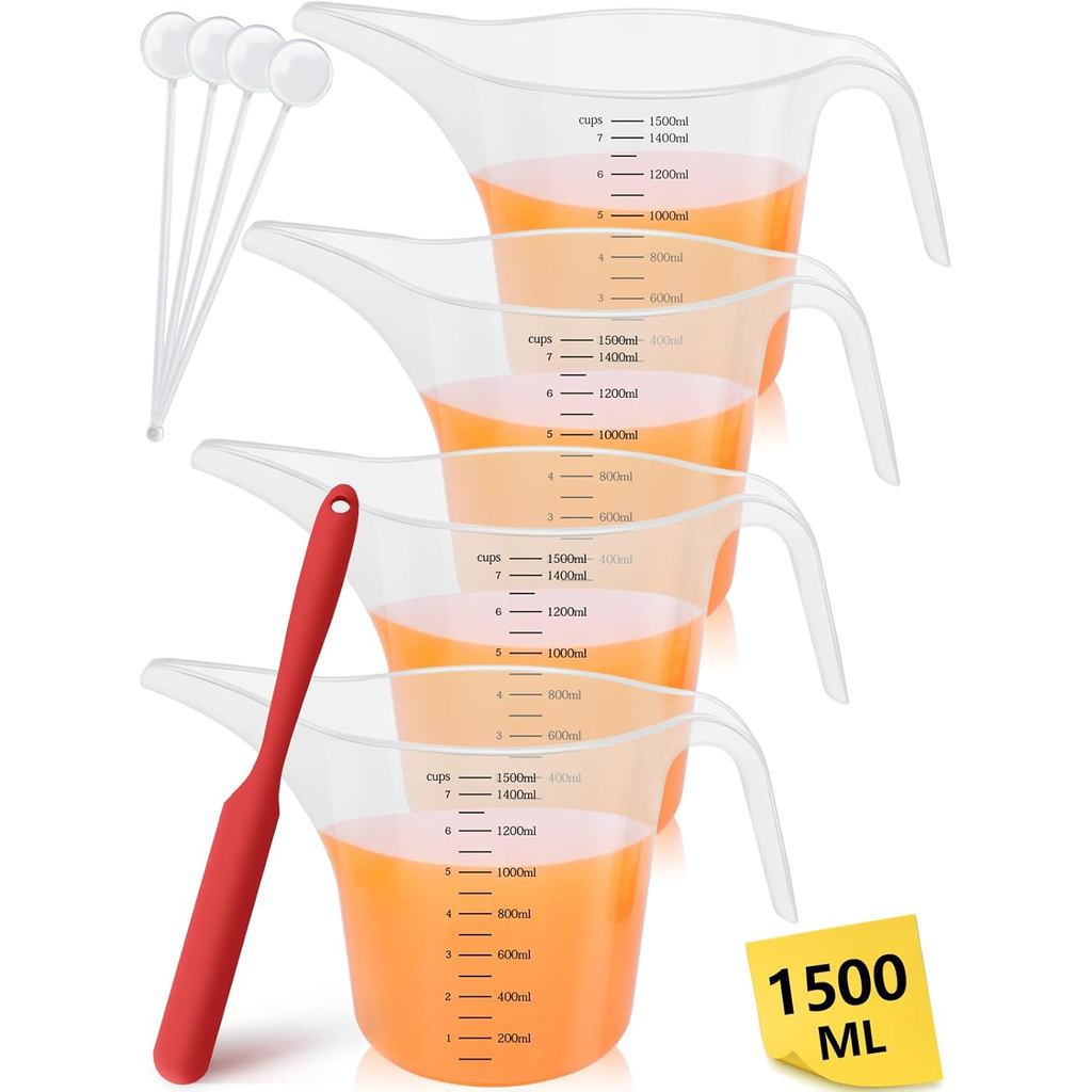 4 Pack 1500ml/50oz Long Spout Funnel Pitcher with Stirring Rods – Measuring Cups for Resin, Paint, E