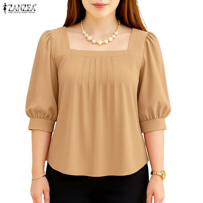 ZANZEA เสื้อผ้าสไตล์เกาหลีสำหรับผู้หญิง ดีไซน์ทันสมัย คอเหลี่ยม พิมพ์ลายและซิกแซ็ก pleats สวมใส่ง่าย