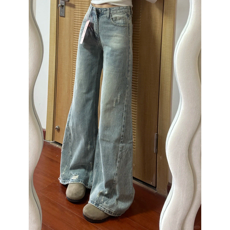 กางเกงยีนส์ขายาว jinn jeans กางเกงยีนส์ขากว้างสีอ่อนฟอกย้อนยุคสไตล์อเมริกันกางเกงขายาวทรงหลวมใส่แล้ว