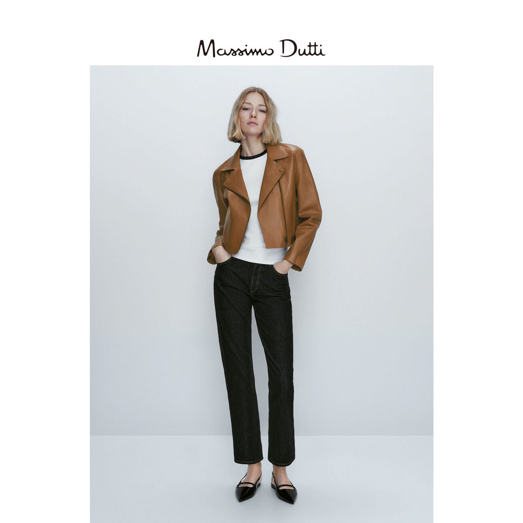 แมสซิมो ดุตติ เสื้อกันหนาวสั้นสำหรับผู้หญิง สีน้ำตาล แบบหนัง motorcycle jacket