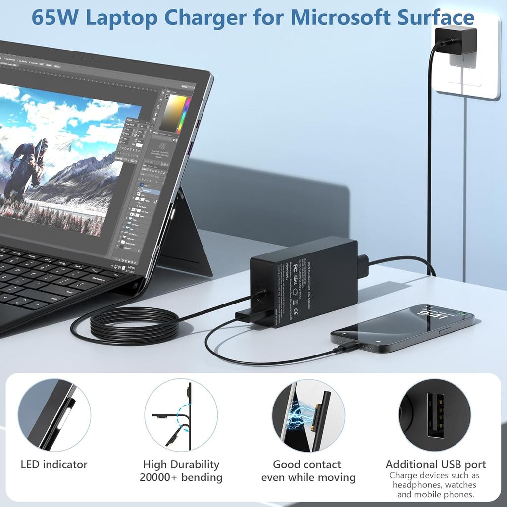 Surface Pro Charger-65W Surface Charger Compatible with Microsoft Surface Pro 9,8,7+,7,6,5,4,3,X,10,