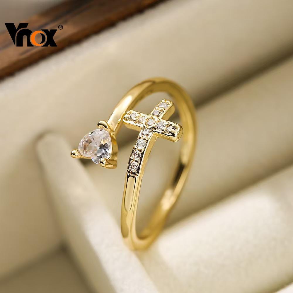 Vnox Cross Heart Zircon Gold Fashion Ring for Women Girl,18K Gold Open Ring