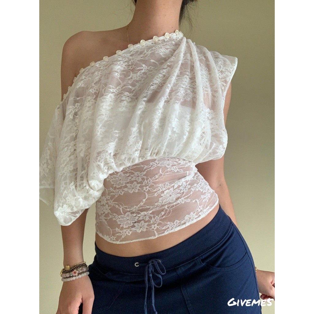 เสื้อลายดอกไม้สำหรับผู้หญิง แบบครอปปิดไหล่ ซีทรูตาข่าย สีขาว ระบายอากาศดี เหมาะกับฤดูร้อน