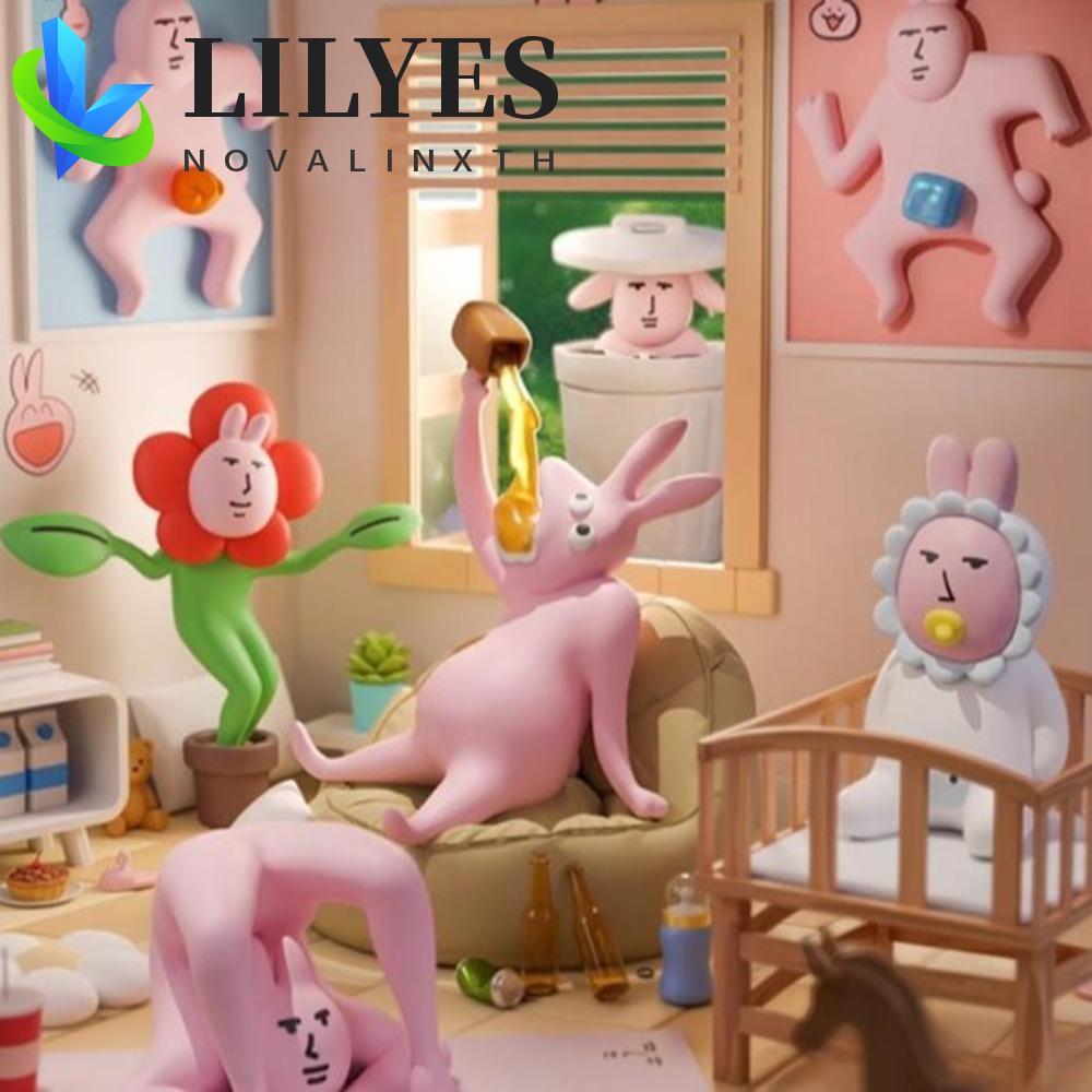 LILYES My Friend Rabbit Action Figure, การ์ตูนตลกตุ๊กตากระต่ายสีชมพูรุ่น, Desktop Decor Collection ร