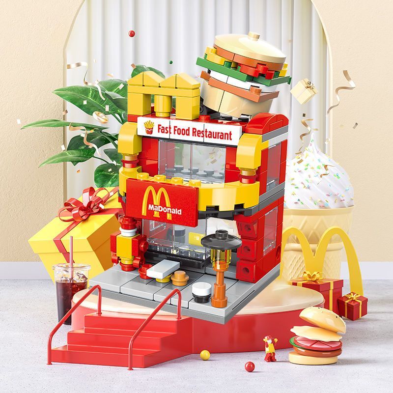Lele Brothers McDonalds Coffee House Street View ประกอบบล็อกอาคารวัยรุ่นเด็ก Decompression ของเล่นเพ
