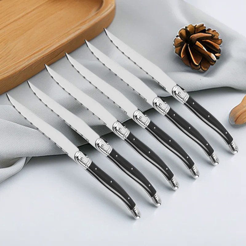 ✨ 9'' Laguiole Steak Knives Set Serrated Triple Rivet Ergonomic Handle Stainless Steel Black Steel D