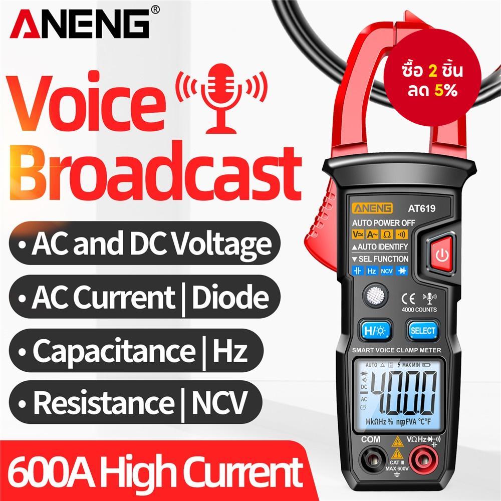 Digital Clamp Meter Multimeter Voice NCV AC Current Voltage Tester สําหรับการทดสอบไฟฟ้าอัตโนมัติ AT619 สีแดงสีดํา พร้อมกล่อง 1 ชุด