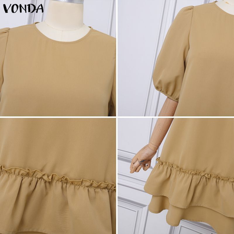VONDA ชุดเดรสสไตล์เกาหลีสำหรับผู้หญิง ดีไซน์คอพัฟและแขนระบาย สไตล์ A-line สีทึบ — صورة 8