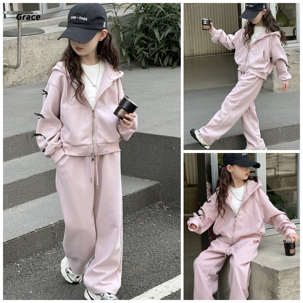 [Grace] (คลังสินค้าพร้อม) ชุดกางเกงขายาวแขนยาวสําหรับเด็กผู้หญิงคาร์ดิแกนทุกชุดเสื้อสเวตเตอร์สีชมพู+