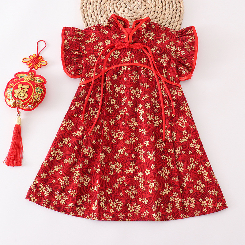 ชุดตรุษจีน Cheongsam แขนกุด พิมพ์ลายดอกไม้ สไตล์ Tang สำหรับเด็กผู้หญิง
